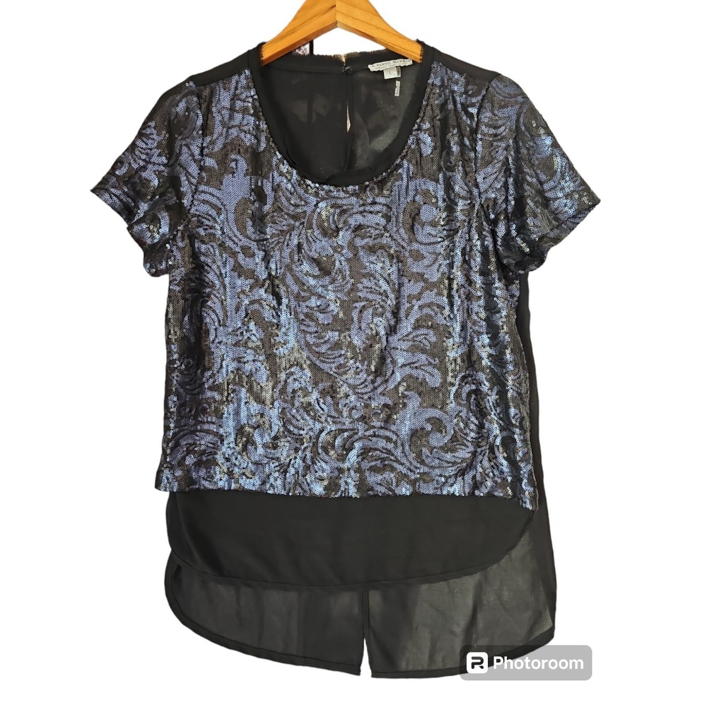 ALBERTO MAKALI Sequin Embellished Scoop Neck Sheer Hi Low Blouse Size L‎